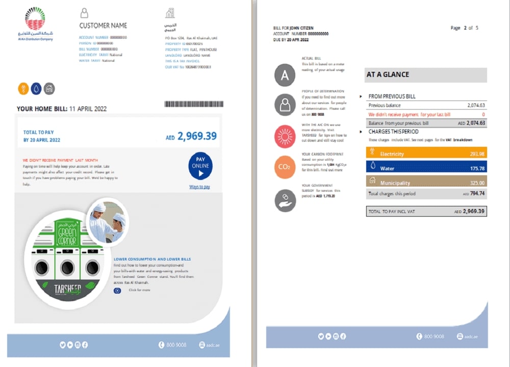 UAE Ras Al Khaimah Al Ain Distribution Co. Word and PDF utility bill template (5 pages) 1 2